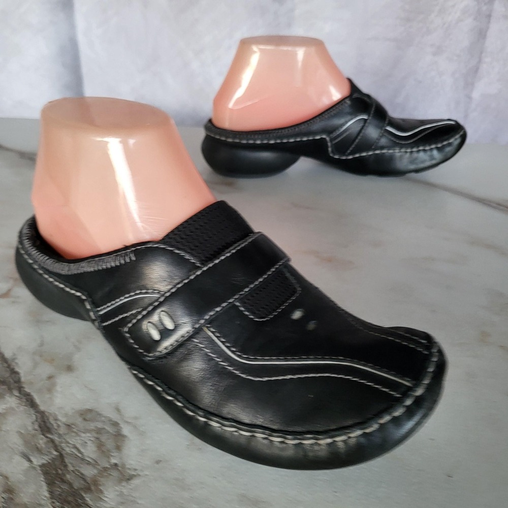 Clarks Privo Shoes Womens Size 6.5 M Black Leather Slip On Mules Comfort Casual
